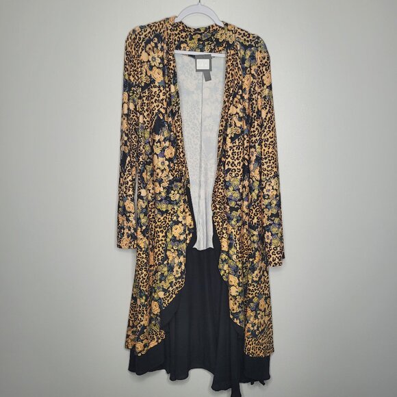 Reborn yellow black mixed print open front long length duster cardigan 2x NWT - Picture 1 of 7